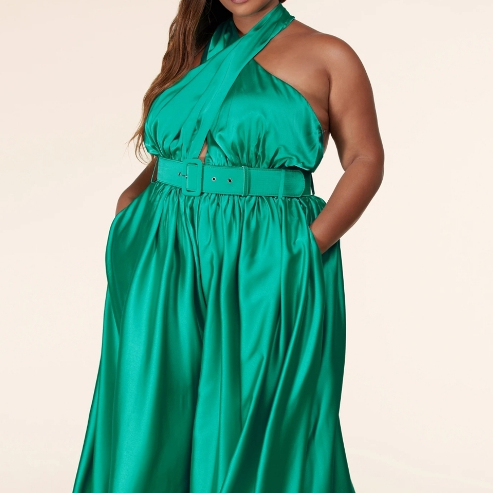- Super sexy Plus size emerald green halter wide leg jumpsuit